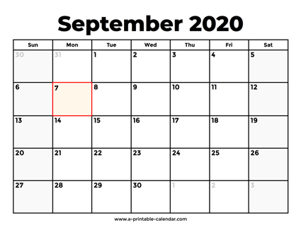 September 2020 Calendar With Holidays