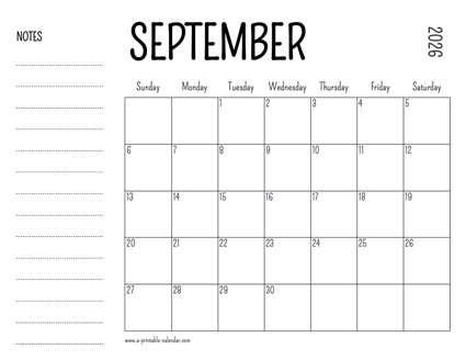 September 2026 Printable Calendar