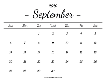 September Calendar 2020 Printable