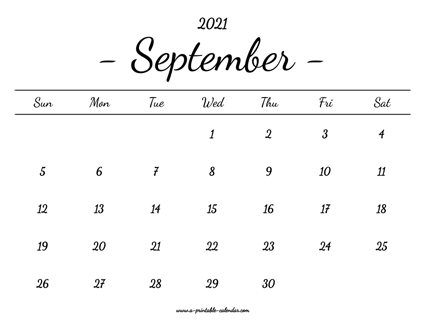 September Calendar 2021 Printable