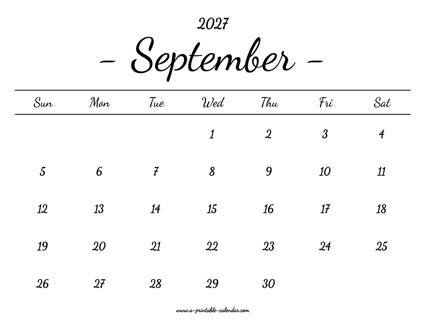 September Calendar 2027 Printable