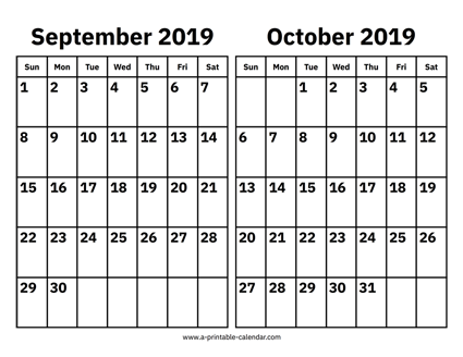 September and October 2019 Calendar