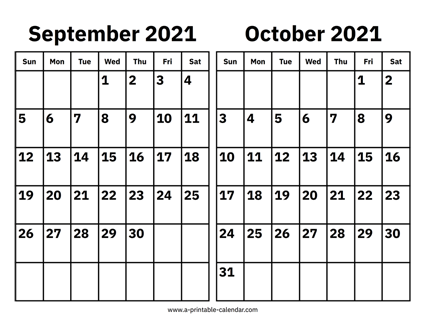 September and October 2021 Calendar - A Printable Calendar