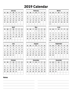 2019 Calendar One Page With Notes - A Printable Calendar