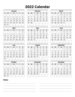 2022 Calendar One Page With Notes