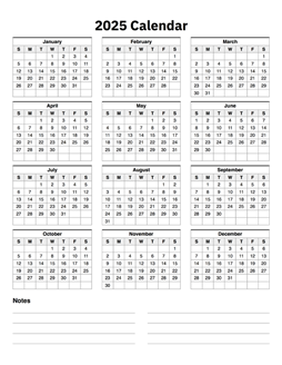 2025 Calendar One Page With Notes