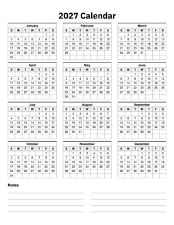2027 Calendar One Page With Notes