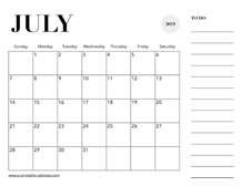 2019 Calendar July
