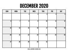 2020 December Calendar Printable
