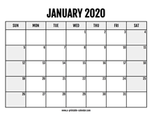 2020 January Calendar Printable