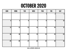 2020 October Calendar Printable