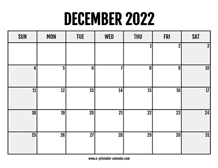 2022 December Calendar Printable