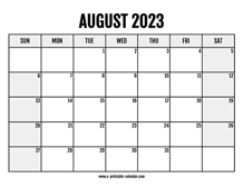 2023 August Calendar Printable