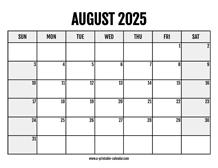 2025 August Calendar Printable