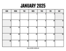 2025 January Calendar Printable