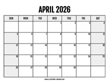 2026 April Calendar Printable