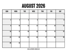 2026 August Calendar Printable