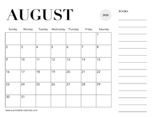 2026 Calendar August