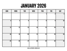 2026 January Calendar Printable