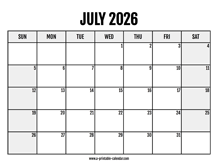 2026 July Calendar Printable