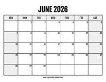 2026 June Calendar Printable