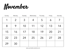 2026 November Calendar