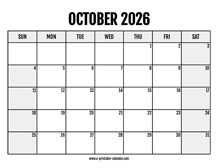 2026 October Calendar Printable