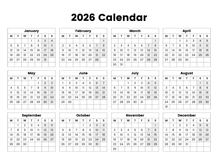 2026 Year Calendar With The Week Starting On Monday