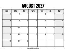 2027 August Calendar Printable
