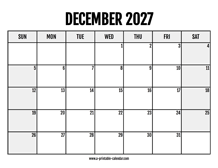 2027 December Calendar Printable