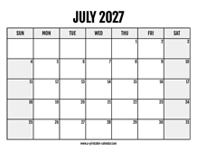 2027 July Calendar Printable