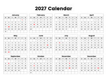 2027 Year Calendar With Holidays