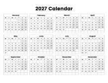 2027 Year Calendar With The Week Starting On Monday