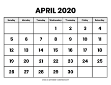 April 2020 Calendar Printable