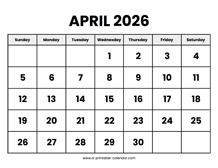 April 2026 Calendar Printable