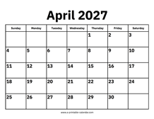 April 2027 Calendar
