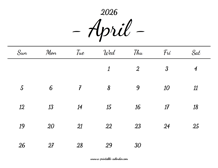 April Calendar 2026 Printable