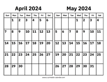 April and May 2024 Calendar