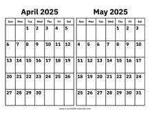April and May 2025 Calendar