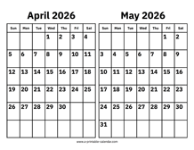 April and May 2026 Calendar