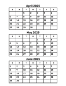 April, May and June 2025 Calendar