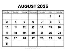 August 2025 Calendar Printable