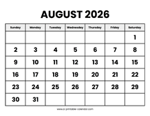 August 2026 Calendar Printable