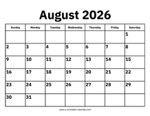 August 2026 Calendar