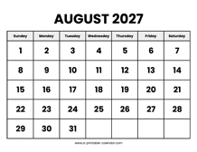 August 2027 Calendar Printable