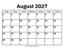 August 2027 Calendar