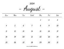 August Calendar 2024 Printable