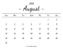 August Calendar 2025 Printable
