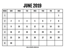 Calendar 2019 June
