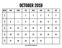 Calendar 2019 October